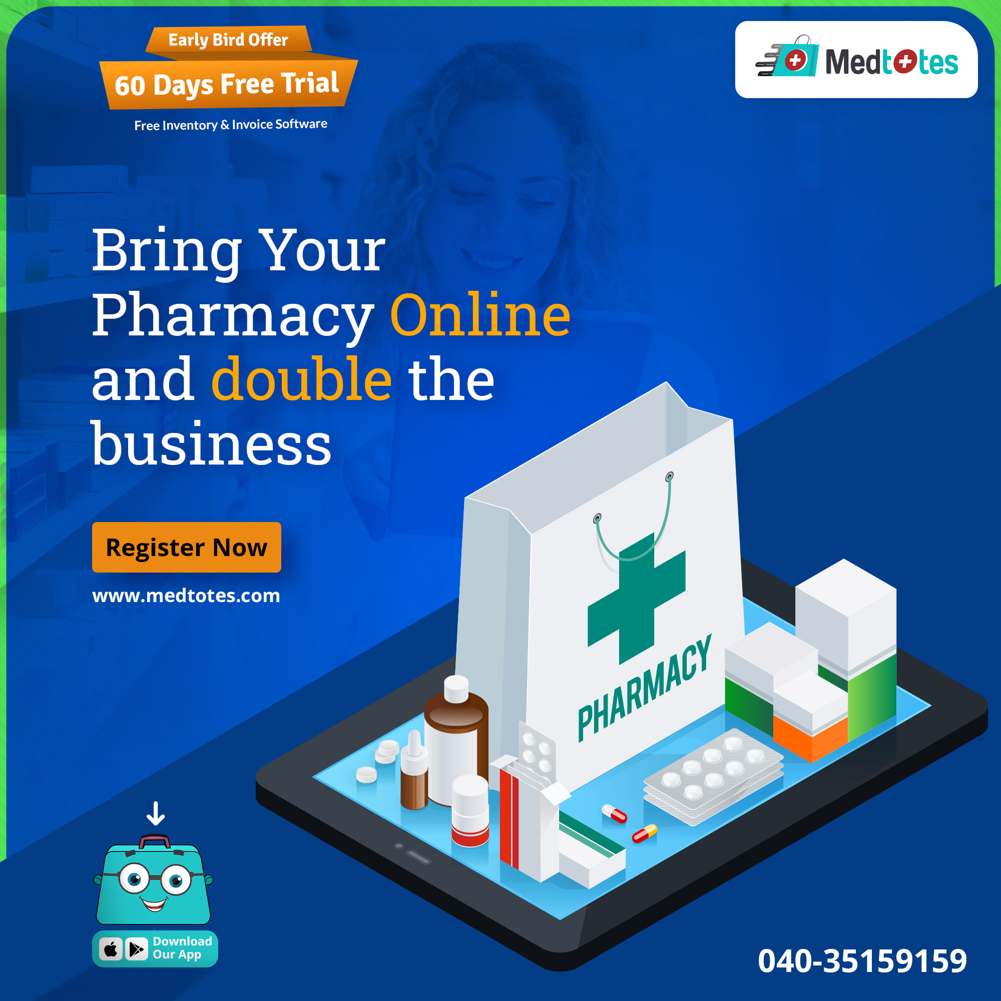 Bring your pharmacy online and boost your business to the next level. Our app will help you to reach to good number of people to promote your business. We have 60 days free trial offer also. Get in touch with our team today for more details.