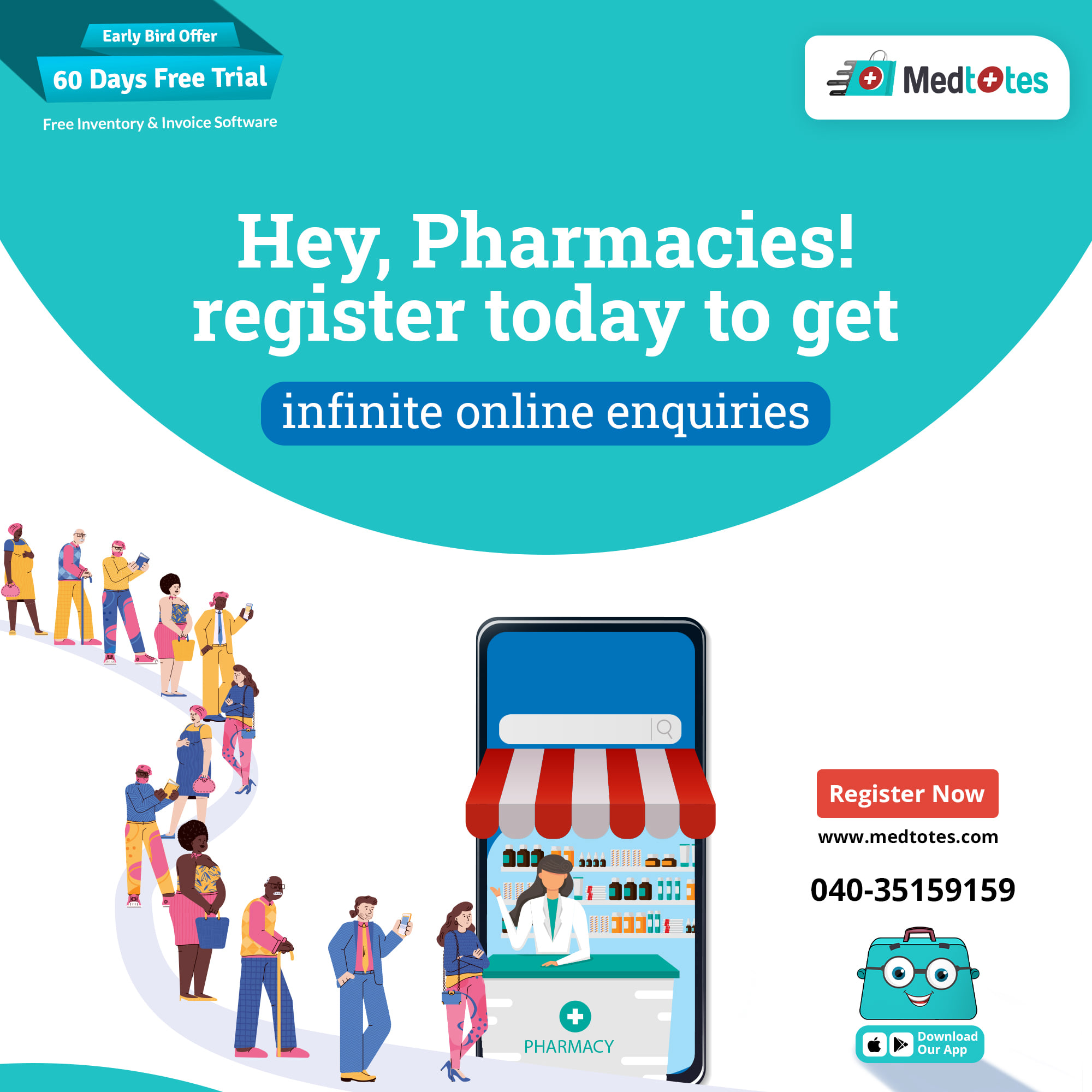 infinite-Online-Enquires. Register Today to get infinite online enquiries. Our Medtotes app will help you to reach to good number of people to promote your business & sell more.