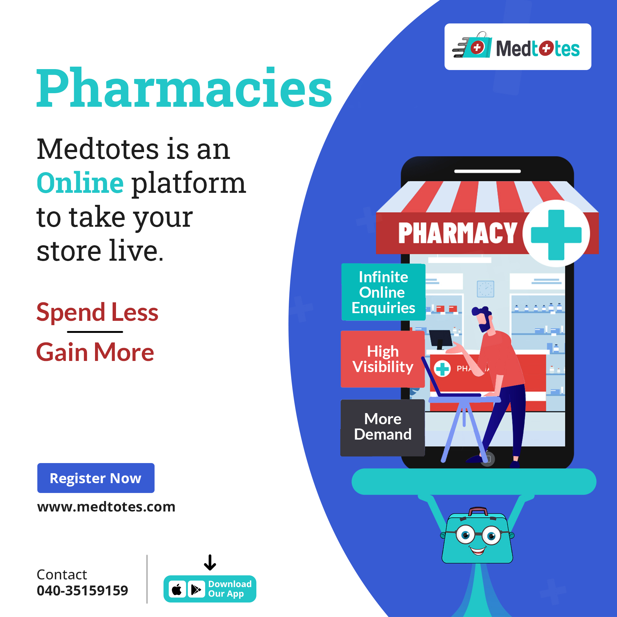 Pharmacies how about getting infinite online enquiries, high visibility, more demand and many more benefits. It feels exciting right. Yes, you can get all these by downloading & registering on our app. Our app is very easy to use. So, what are you waiting for? Register now, by downloading our app.