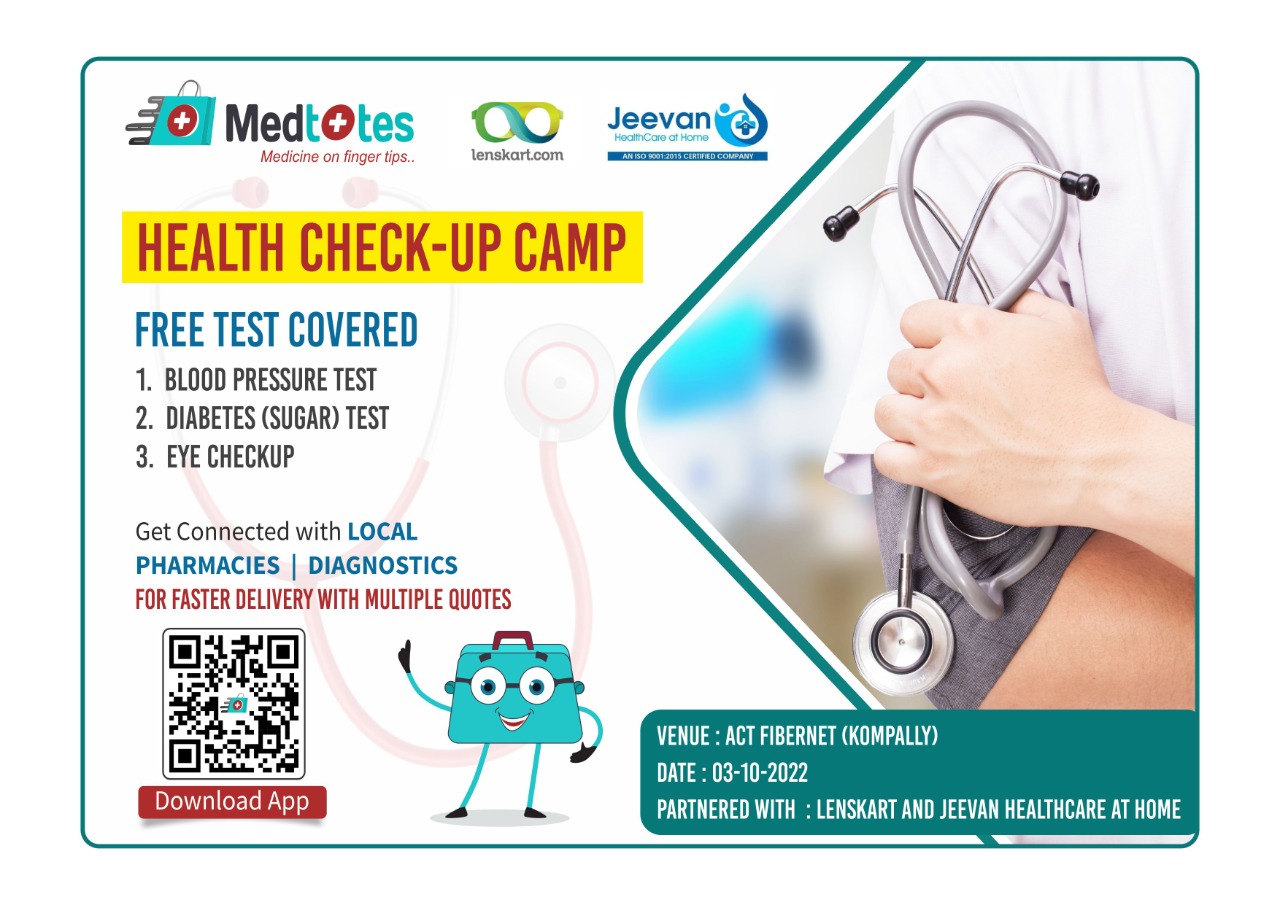 Medtotes Aims at providing Healthcare Services at your fingertips. As a part of its initiatives, A Free Health Camp was conducted on the premises of Act Fibernet, Banjara Hills. Each and every employee participated enthusiastically in the Event and checked their Blood Pressure, Sugar, and Eye check-ups and making it a successful event. All the reports are recorded in their Medtotes App, so that the next time when they get the tests done, they have the previous readings for comparison. Some employees booked appointments for full body check-ups. Thanks to our Eye Care Partner- Lenskart and Diagnostics Partner – Jeevan Healthcare.