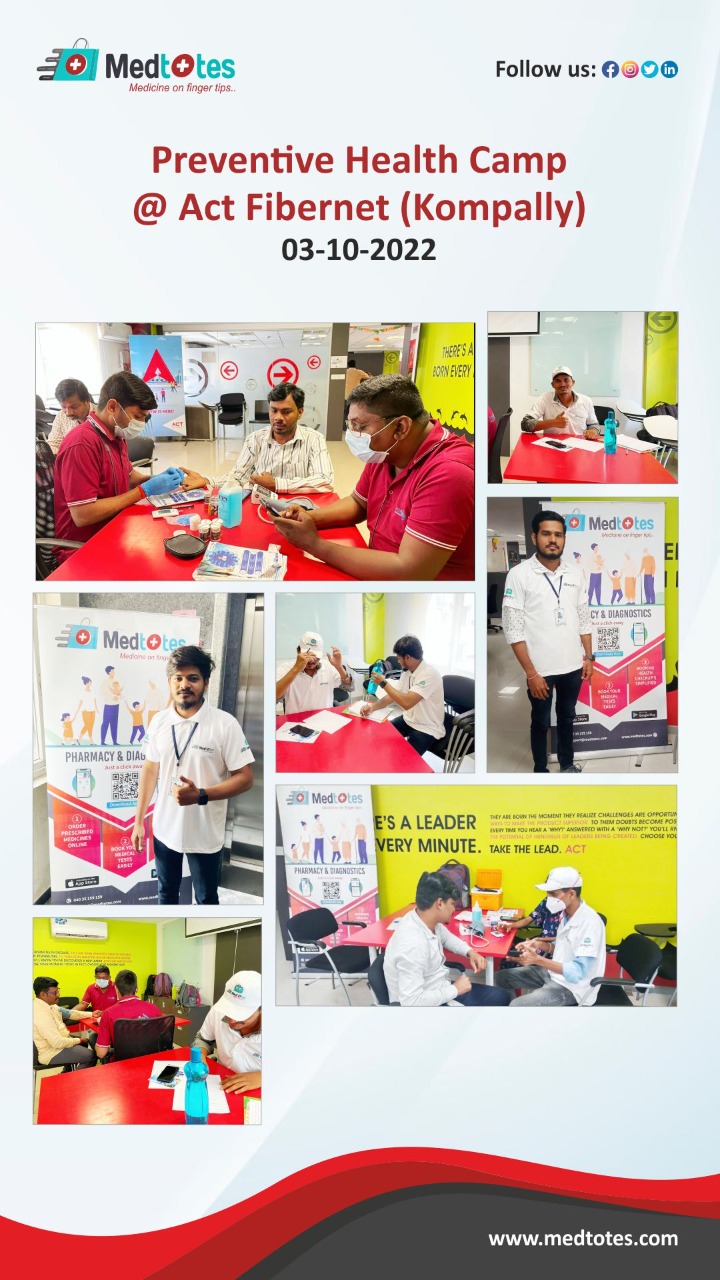 Medtotes Aims at providing Healthcare Services at your fingertips. As a part of its initiatives, A Free Health Camp was conducted on the premises of Act Fibernet, Kompally. Each and every employee participated enthusiastically in the Event and checked their Blood Pressure, Sugar, and Eye check-ups and making it a successful event. All the reports are recorded in their Medtotes App, so that the next time when they get the tests done, they have the previous readings for comparison. Some employees booked appointments for full body check-ups. Thanks to our Eye Care Partner- Lenskart and Diagnostics Partner – Jeevan Healthcare.