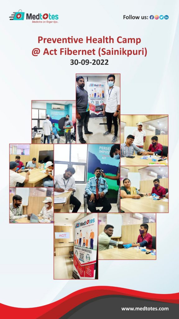 Preventive Health Camp @ Act Fibernet (Sainikpuri) Medtotes Aims at providing Healthcare Services at your fingertips. As a part of its initiatives, A Free Health Camp was conducted in the premises of Act Fibernet, Sainikpuri. Each and every employee has participated enthusiastically in the Event and checked their Blood Pressure, Sugar and Eye Check-up and made it a successful event. All the reports are recorded in their Medtotes App, so that next time when they get the tests done, they have the previous readings for comparison. Some employees booked appointments for full body check-up. Thanks to our Eye Care Partner- Lenskart and Diagnostics Partner – Jeevan Healthcare.